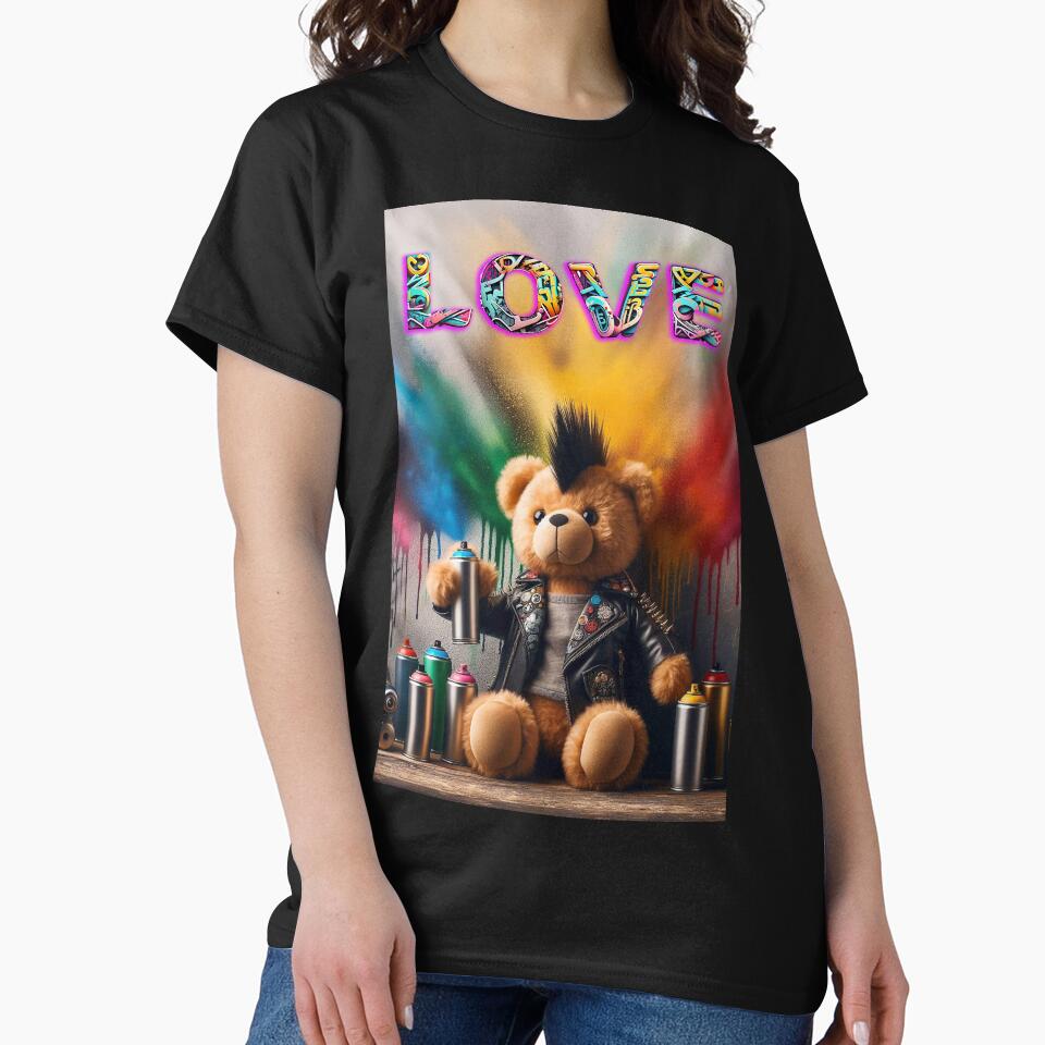 Love Punk Bear Graffiti - Edgy Streetwear Teddy T-Shirt by FotoLibreStudio