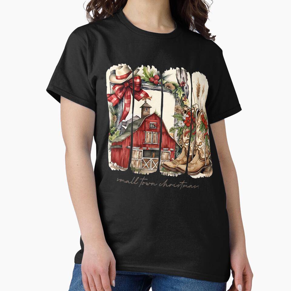 Small Town Christmas – Country Barn and Cowboy Boots Western Holiday Design by Dawesgew