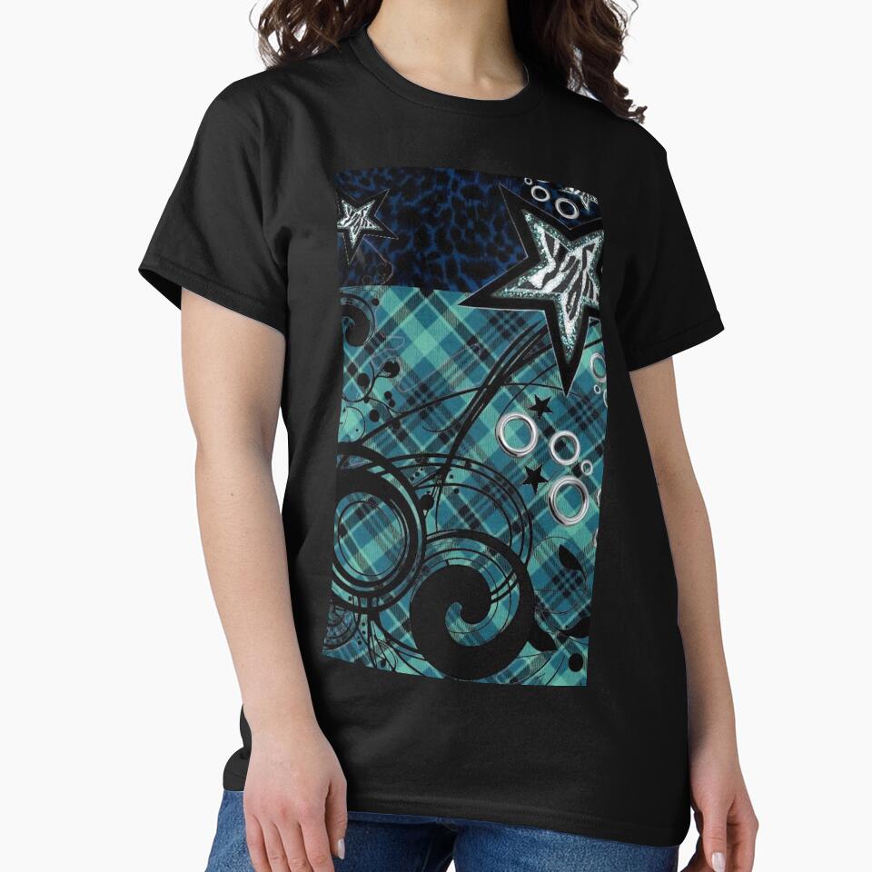 Teal McBling Stars & Plaid Collage | Cyber Frutiger & Scene Kid Aesthetic by BrontesWhimsyStore