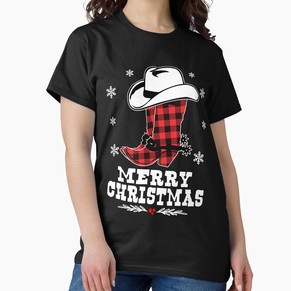 Merry Christmas Cowboy Boots Red Buffalo Plaid Western by allaso-gan