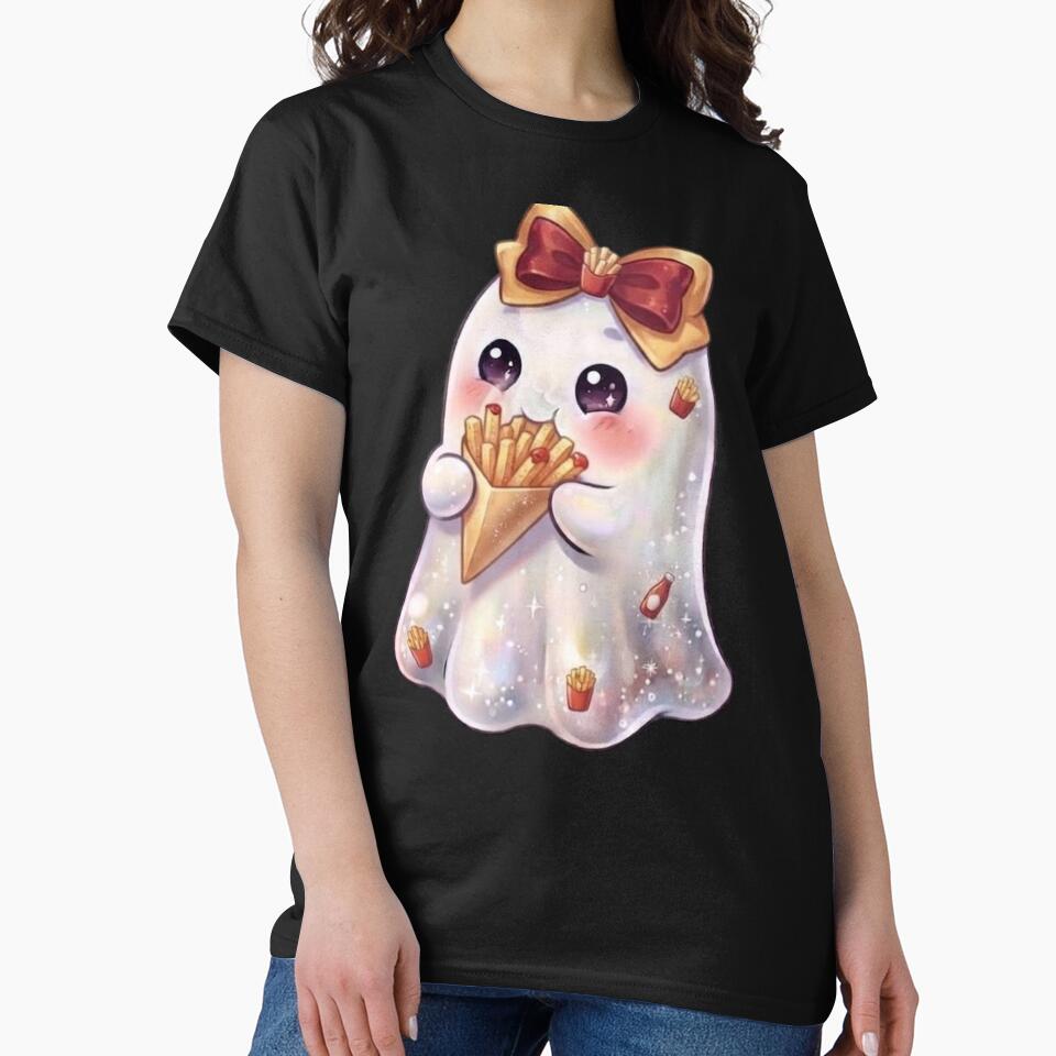 Cute Kawaii Ghost Eating a French-fries Design / Potato Chips / Halloween Costume / Foodie / T-shirts mugs stickers phone case hardcover journal poster by TeenLake