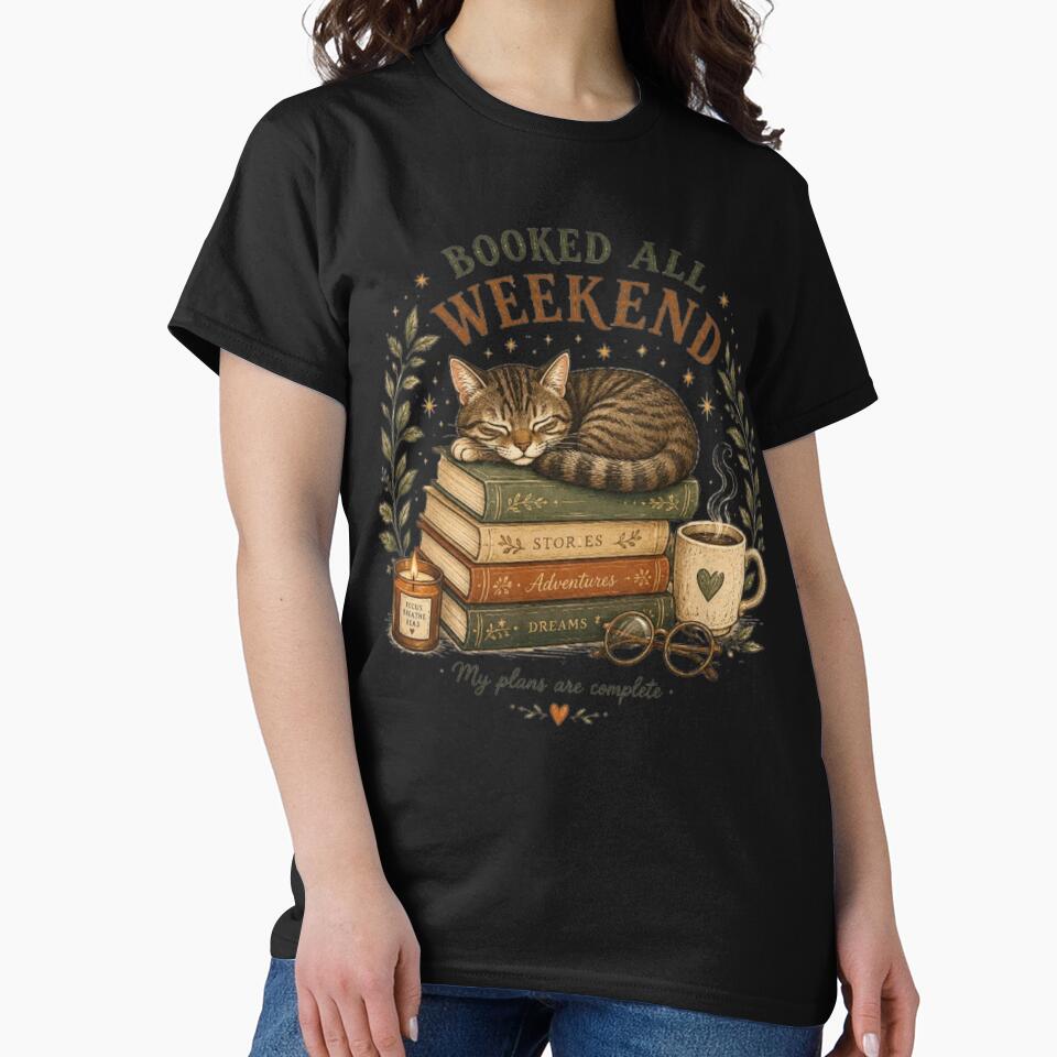 Booked All Weekend Cat, Cozy Reading Cat, Book Lover Gift, Sleeping Tabby Cat, Bookish Sticker, Reader Aesthetic T Shirt by TulipsArtDesigns
