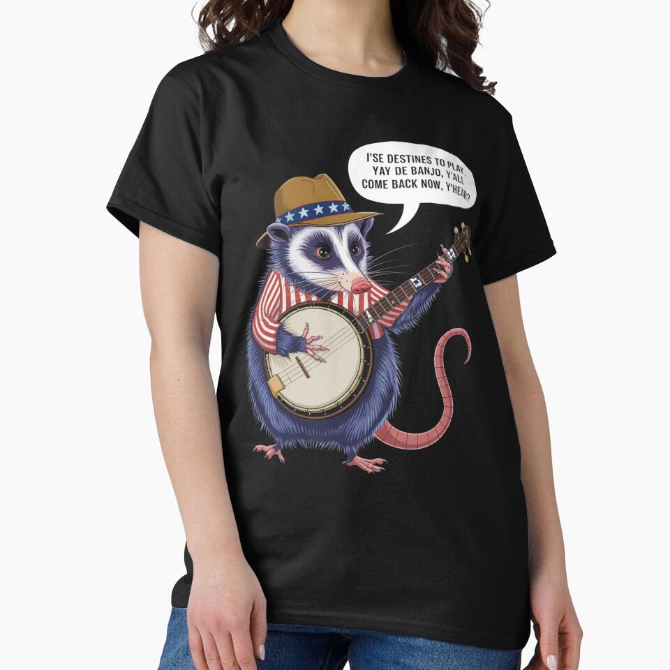 Funny Opossum Banjo Player in Striped Shirt and Cowboy Hat by SkymarArt