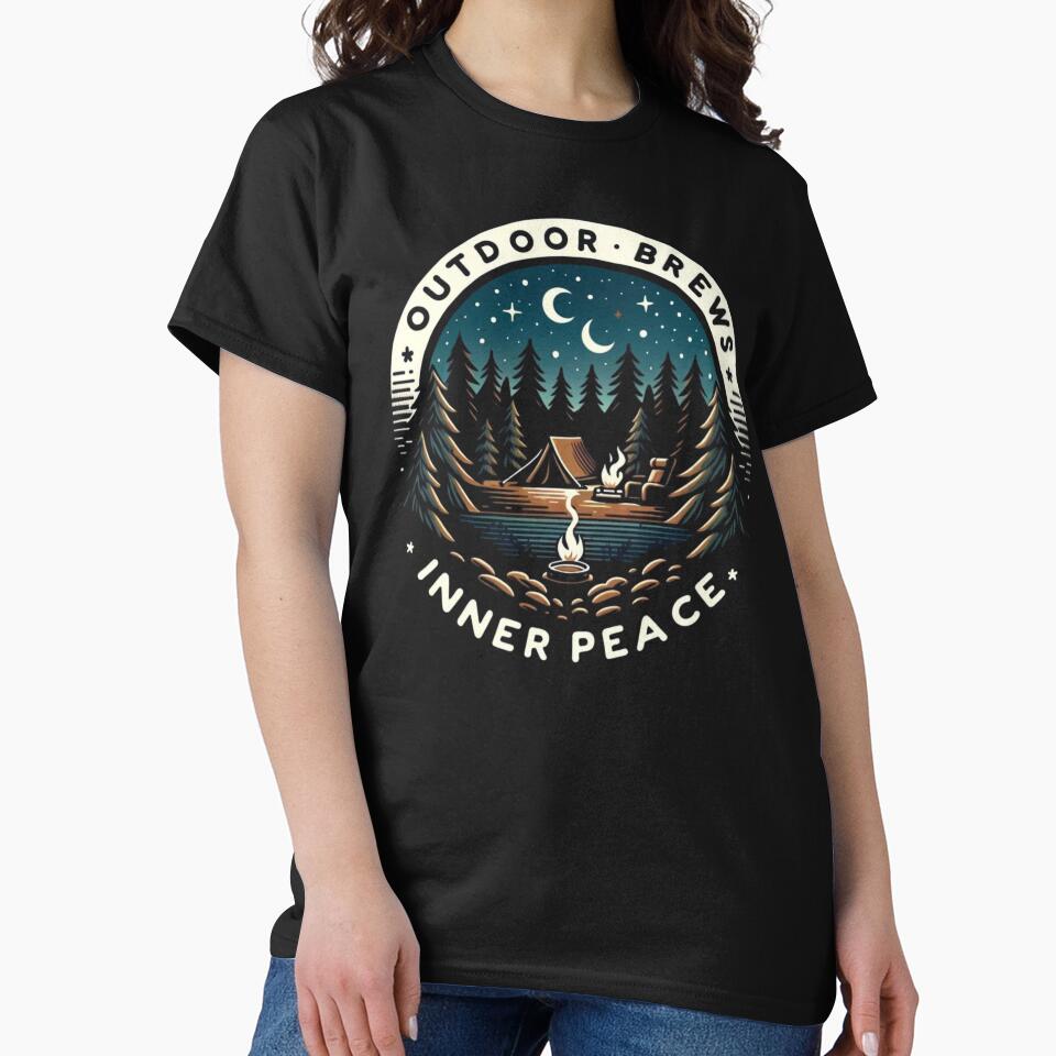Outdoor Brews Inner Peace | Coffee and Camping | Coffee and Camping Gift T-Shirt by runeroge13