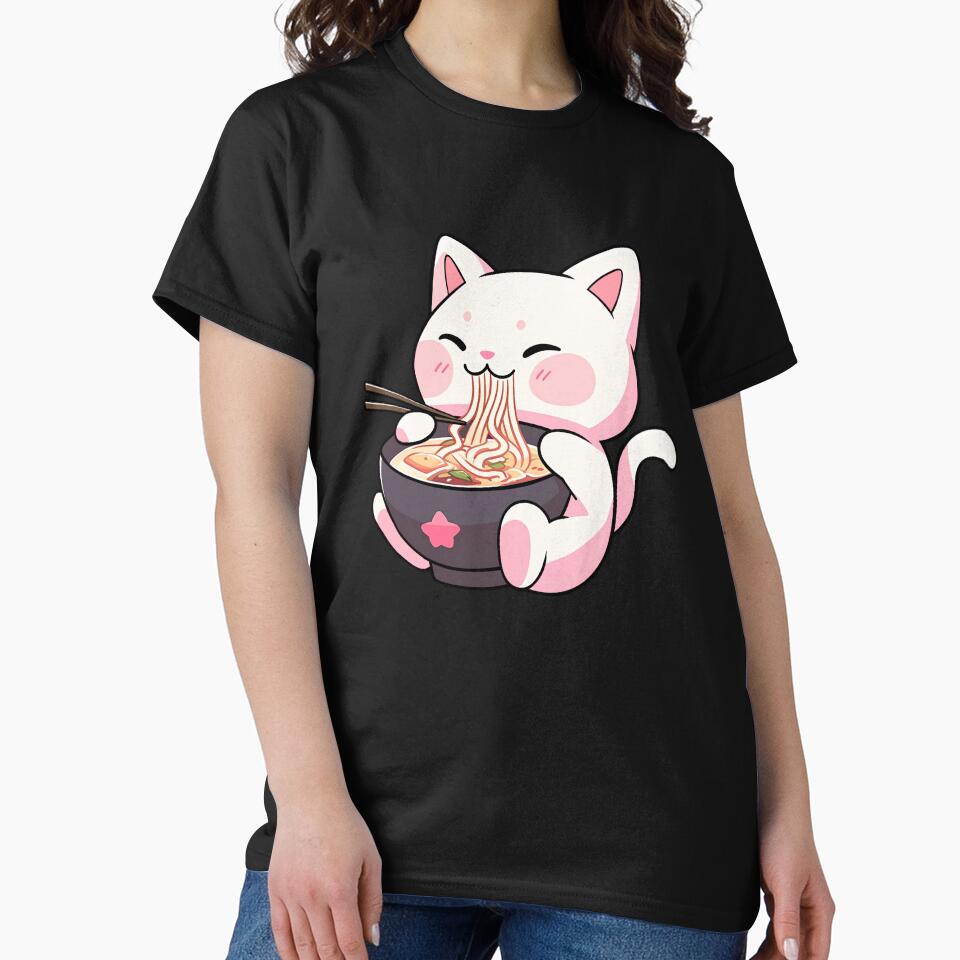 Cute Kawaii Cat eating Ramen - Anime Shirt by KAIGAME Art