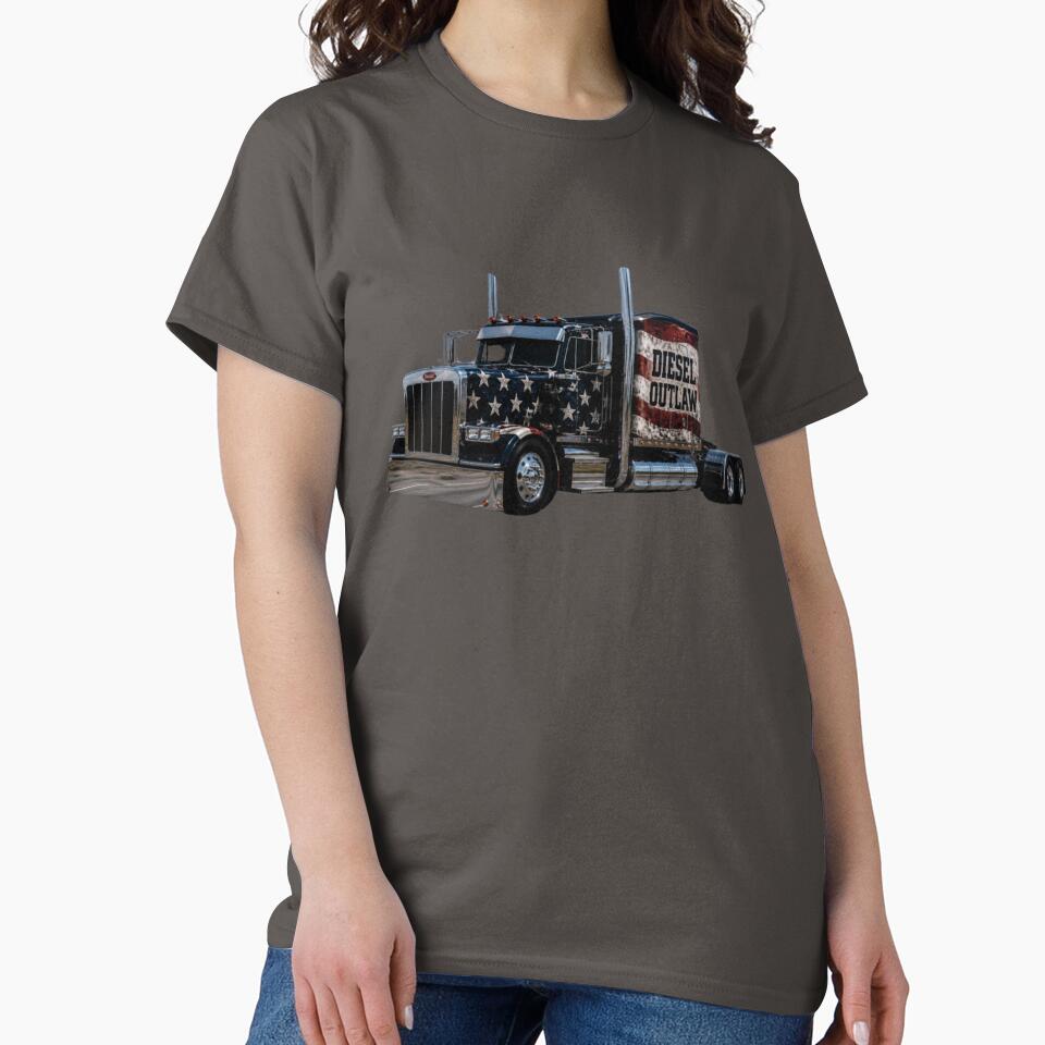 .Diesel Outlaw Patriotic Semi Truck | American Flag Peterbilt Big Rig Trucker T-Shirt Design by Diesel outlaw