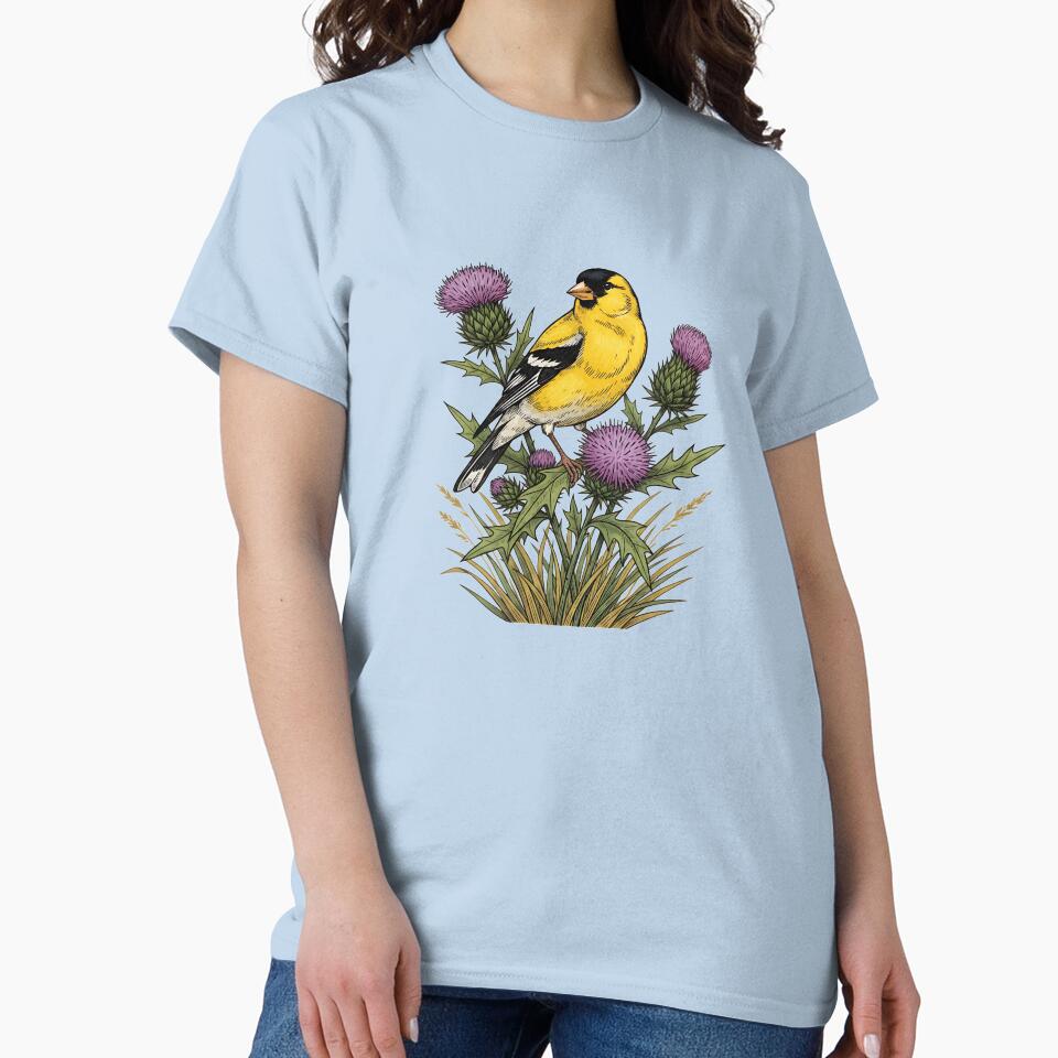 American Goldfinch Sitting Among Purple Thistle Bird Art by BirdsnStuff Unisex