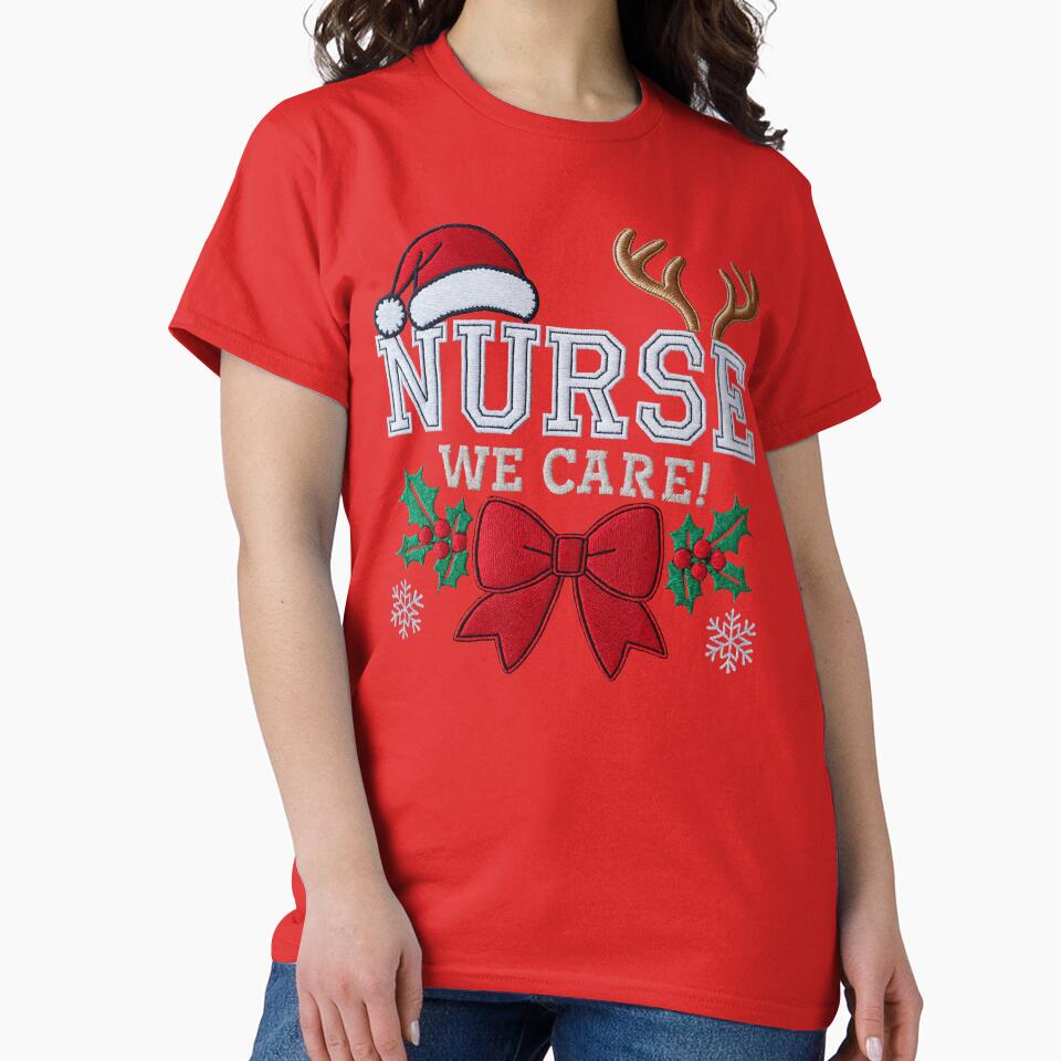 Festive Nurse Christmas Sweatshirt – Nurse We Care Embroidered Holiday Crewneck with Santa Hat, Antlers & Bow by ZyxDes