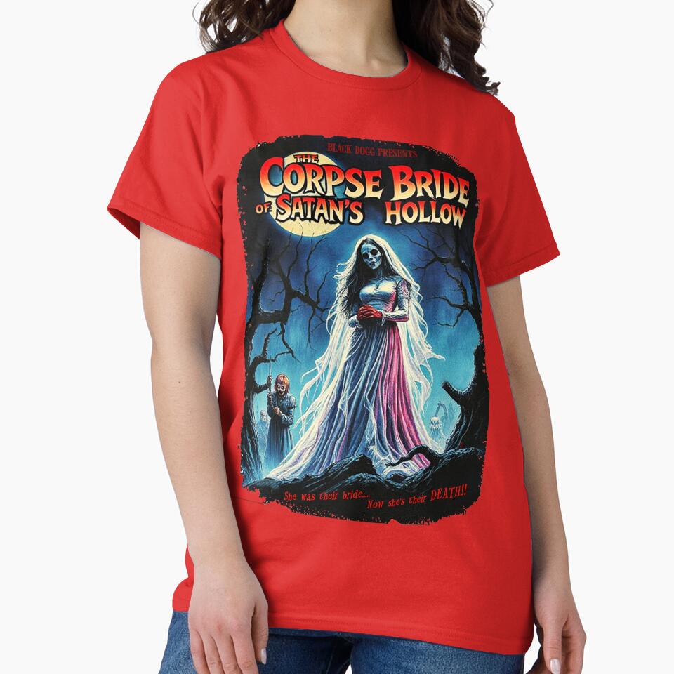 Retro Skeleton Horror Monster T-Shirt – 70s & 80s Hammer Horror Inspired Design with Zombies, Chainsaw, and Devil Aesthetic by blackdoggdesign