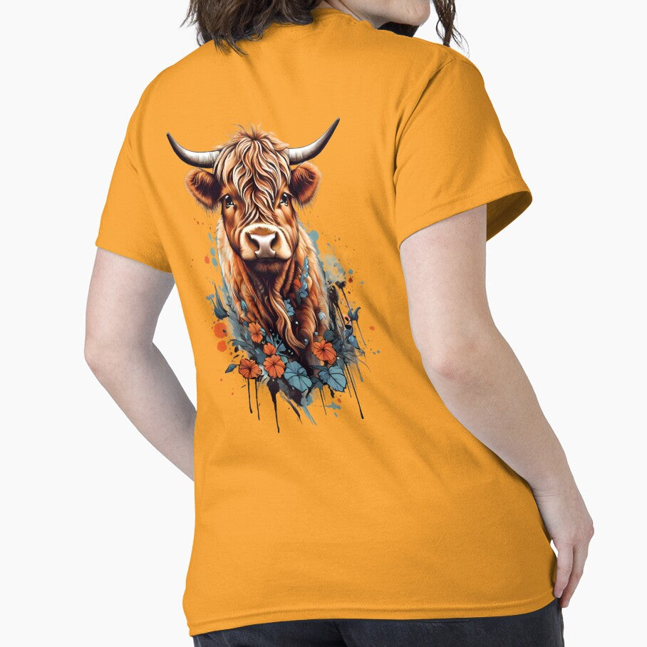 Cute Highland Cow, Red and Blue Flowers by BajanTees