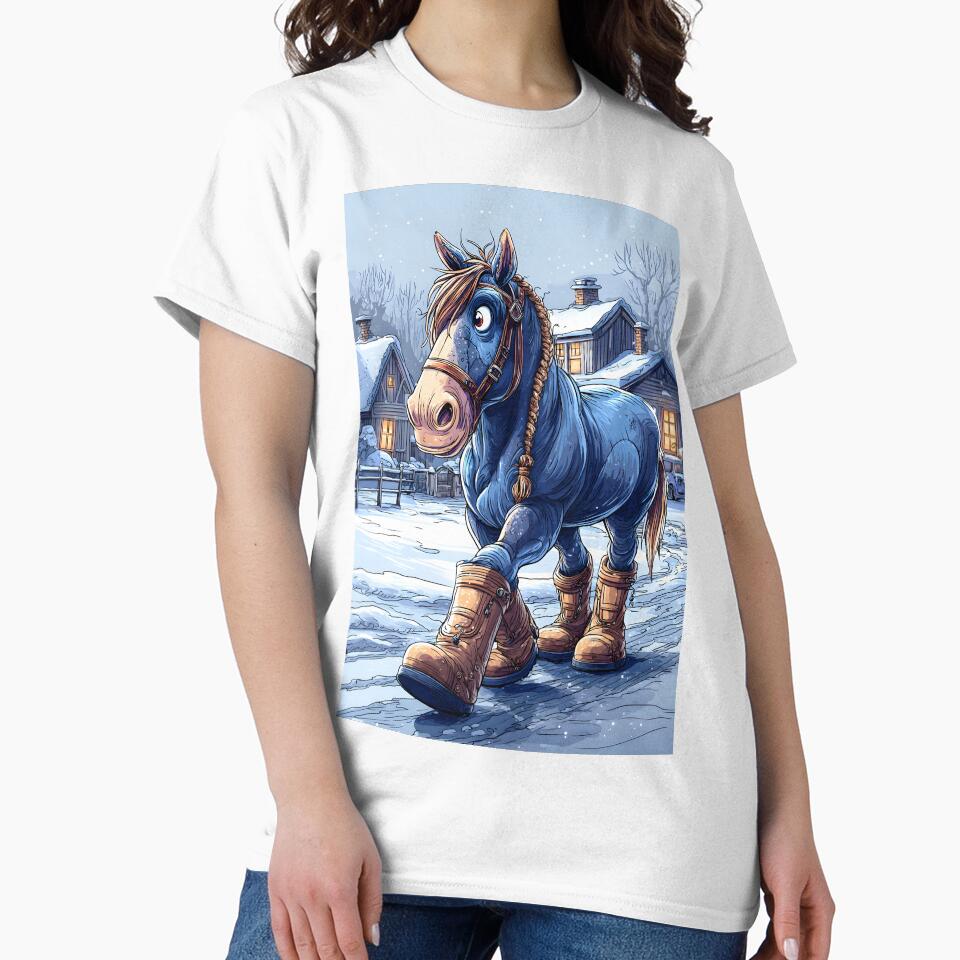A Blue Horse with Boots Walking in Winter Landscape by Artessie