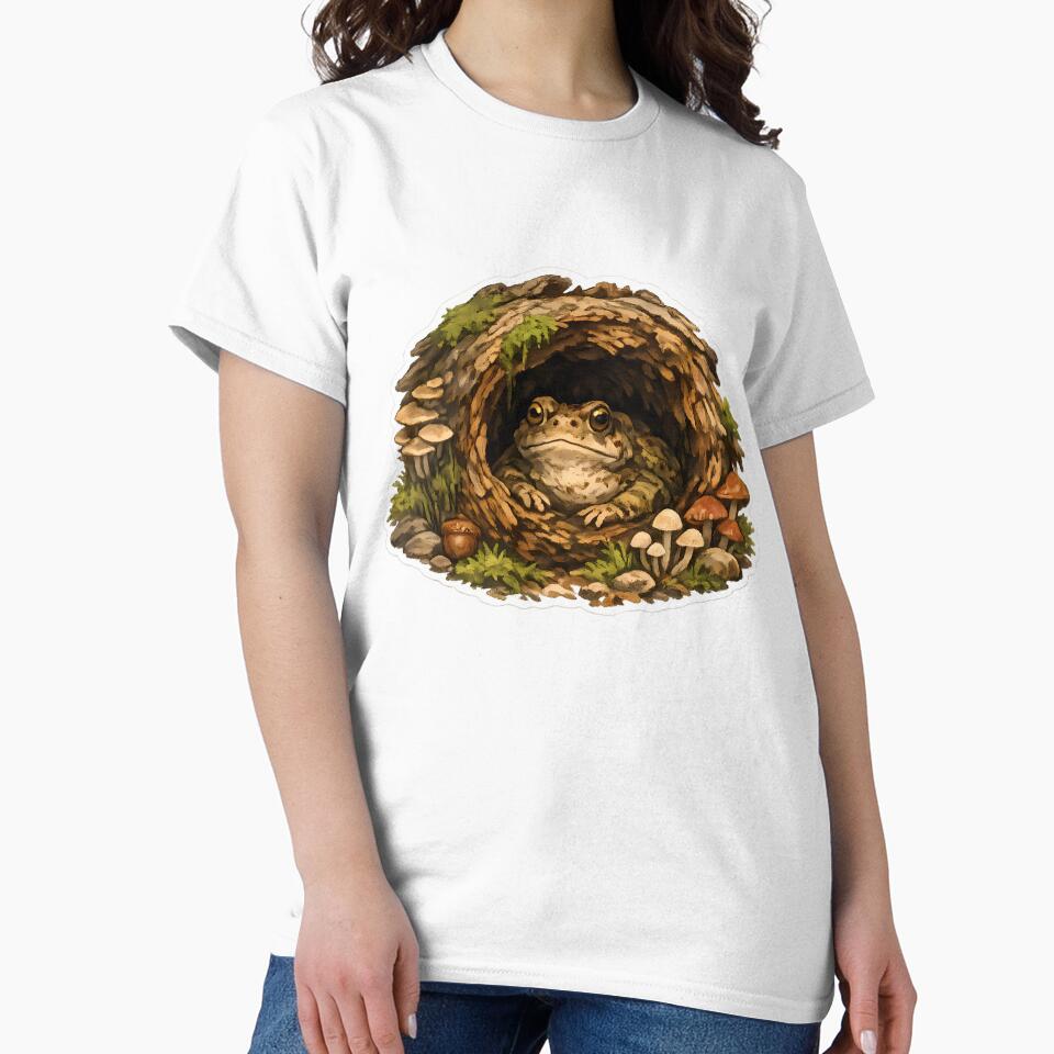 Cozy Toad Log Cottage – Goblincore Forest Frog Sticker by aquaterralife