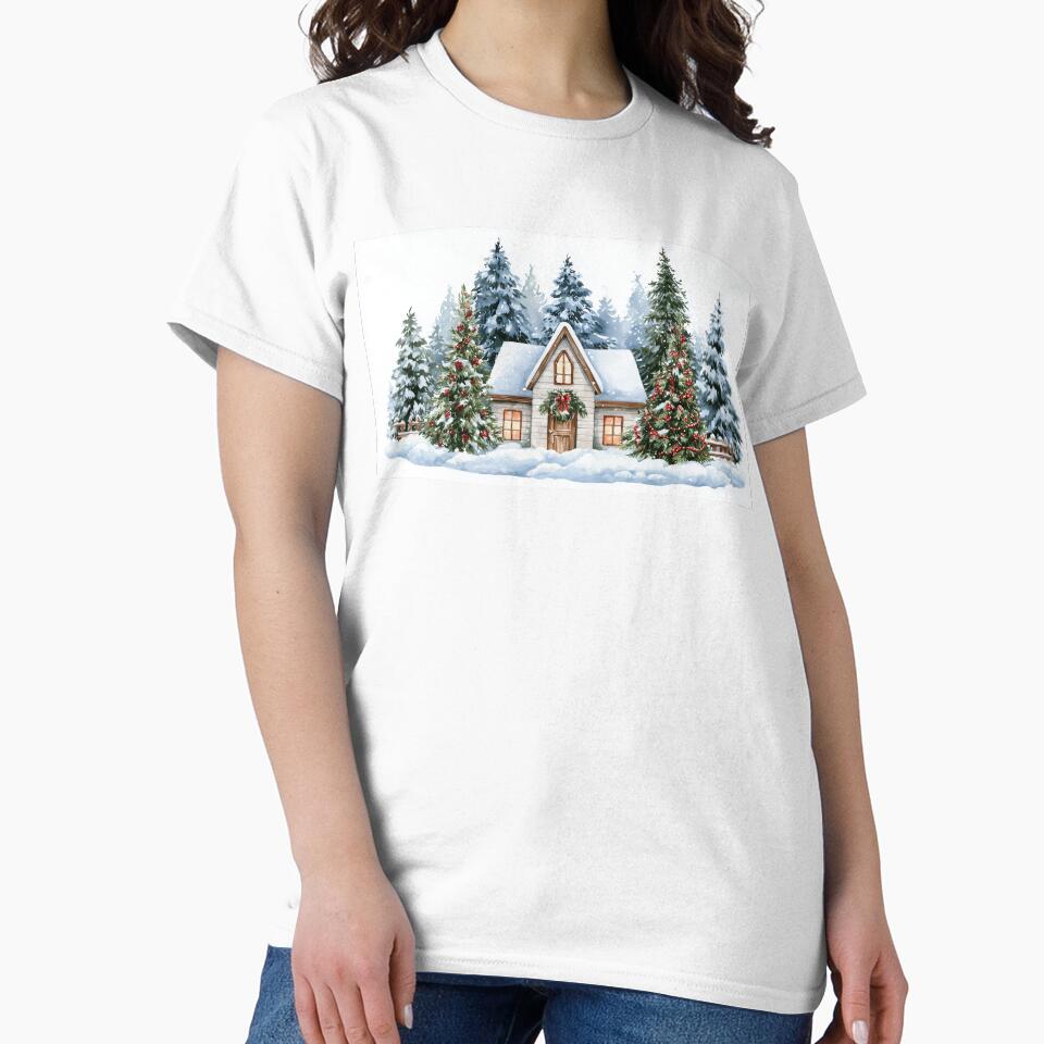 Cozy Watercolor Christmas Cottage in Snowy Forest by SoykAart