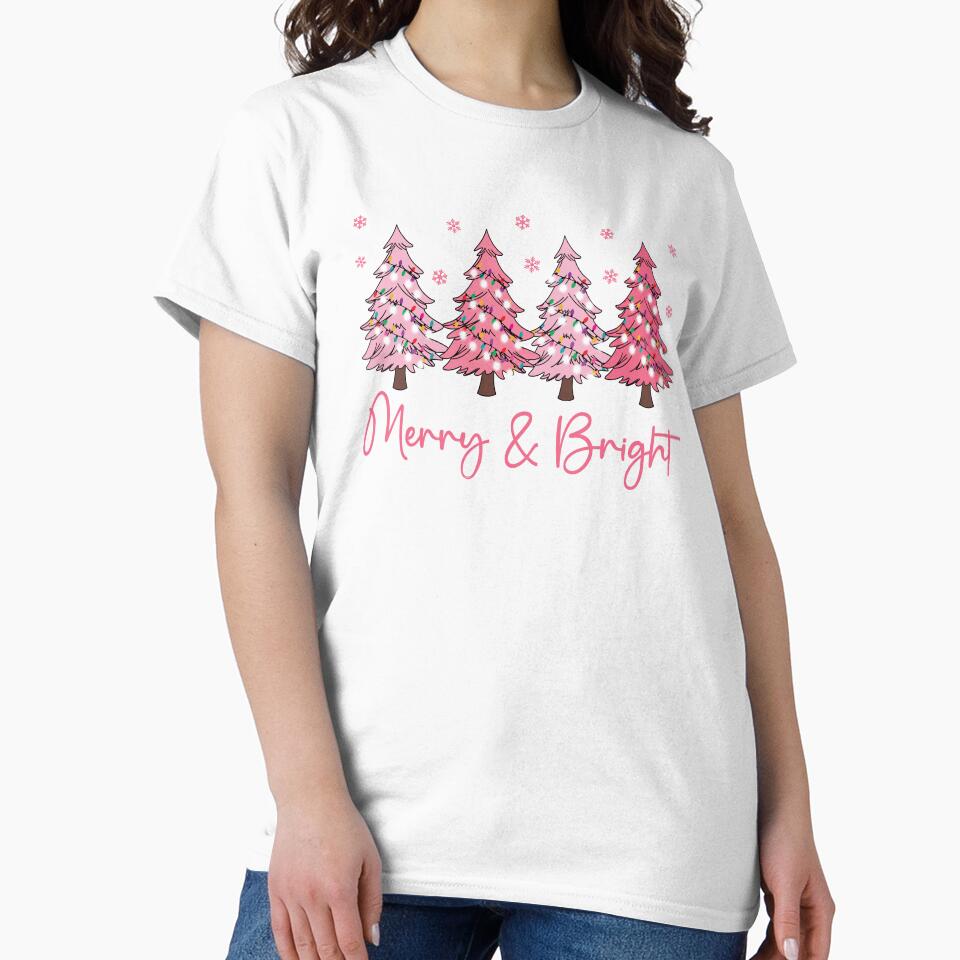 Merry And Bright Pink Pastel Christmas Trees Matching Family Holiday Graphic by Bad Kitty Designz