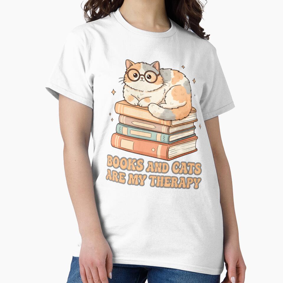 Books and Cats Are My Therapy  Cozy Bookish Cat Lover T‑Shirt & Sticker by ZyxDes