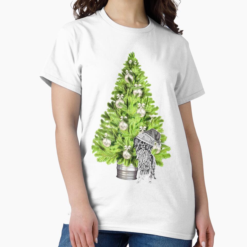 Papillon Dog Christmas scene with Christmas tree and Santa hat by NikkiBear67