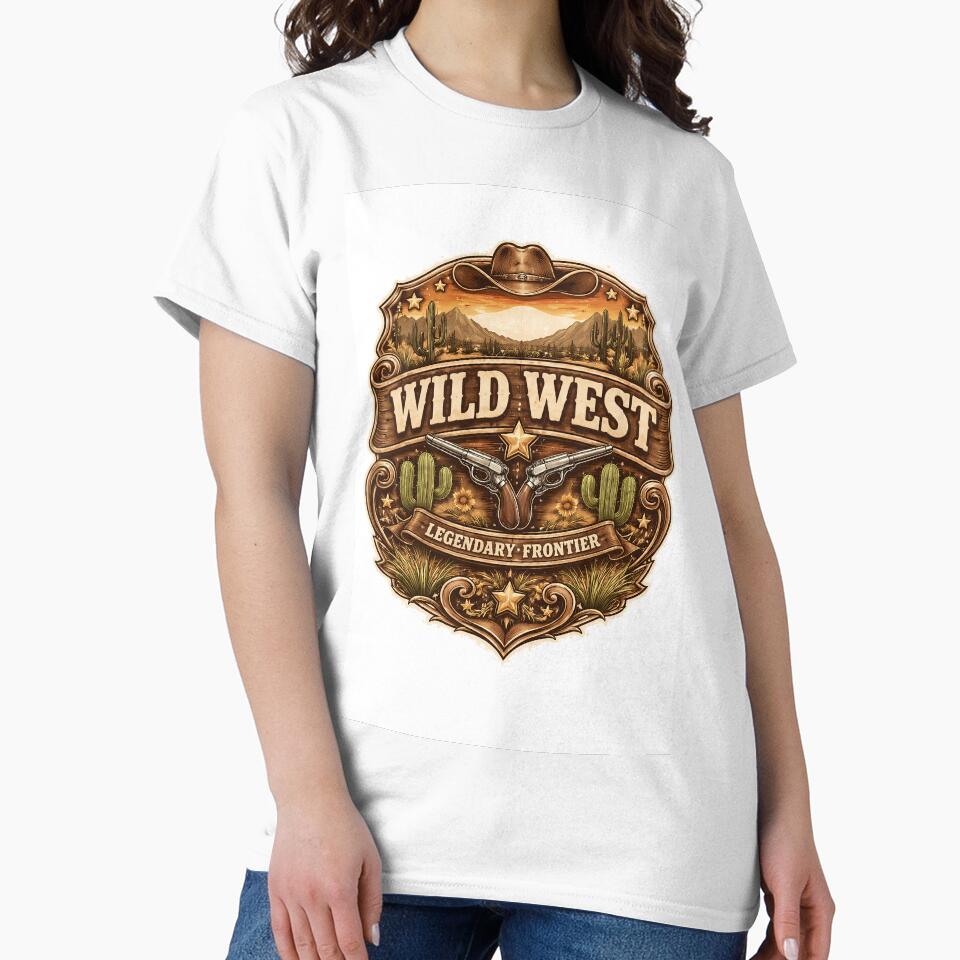 Wild West Vintage Badge Logo – Western Cowboy Emblem with Desert, Cactus & Revolvers by QuietWallStudio