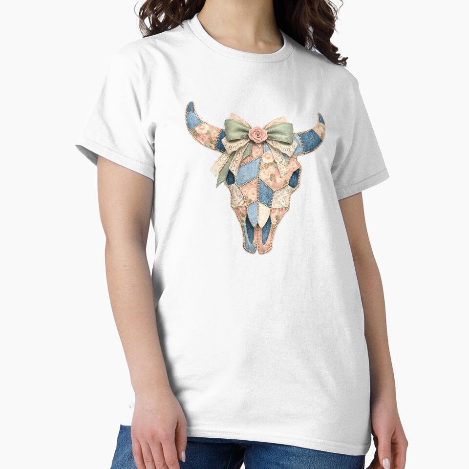 Floral Patchwork Cow Skull Western Coquette Denim Boho Aesthetic by Luvahawb