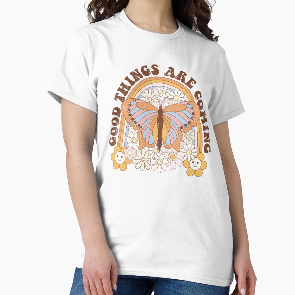 Good Things are coming Retro Butterfly Flower quote repeating pattern, 70s aesthetic, 70s colours by CEB1700