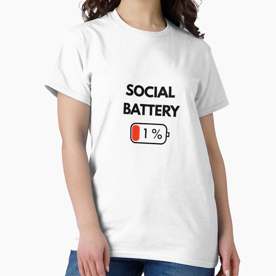 Social Battery 1% | Funny Introvert T-Shirt | Socially Drained Design Graphic Tee by KBizofficial