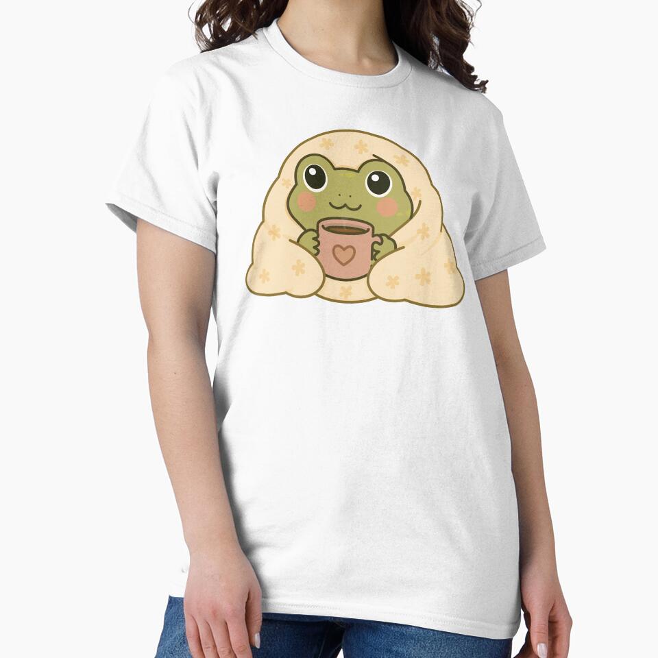 Cute Cozy Frog Drinking Coffee Under Blanket – Kawaii Aesthetic Frog Sticker by Lilypad Shop