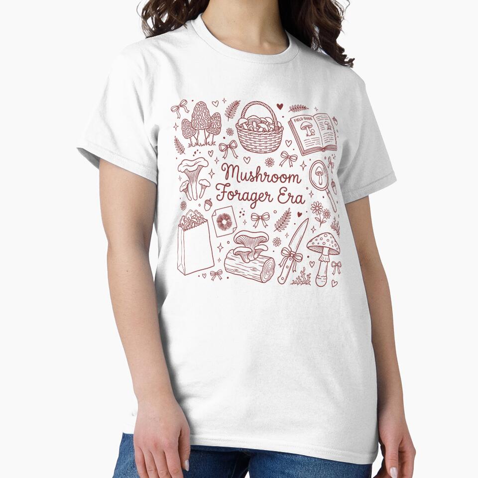 Mushroom Forager Era Doodle Collage Burgundy - Cottagecore Nature Lover Aesthetic by BVDigitalArt