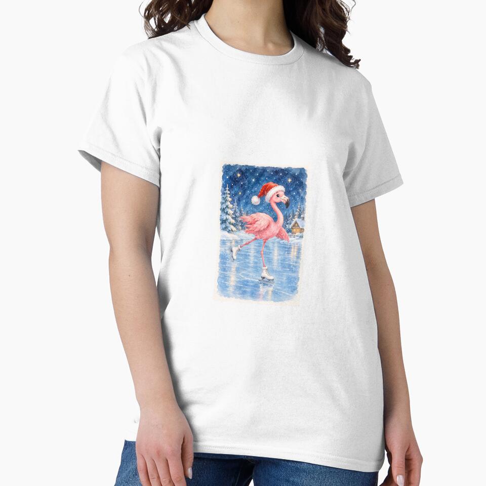Cute Pink Flamingo Ice Skating with Santa Hat – Christmas Watercolor Illustration by mayatA-rt