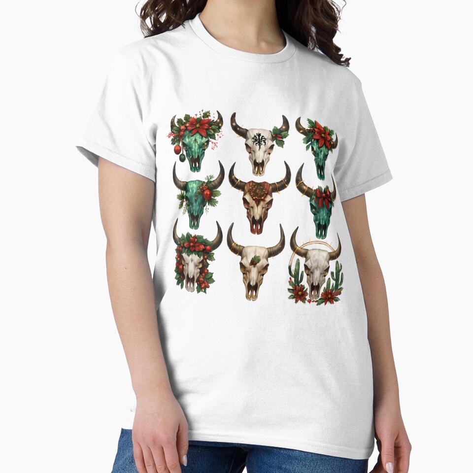 Boho Christmas Skull Design – Western Cow Skull Holiday Aesthetic for Clothing & Accessories by KimmiesColors