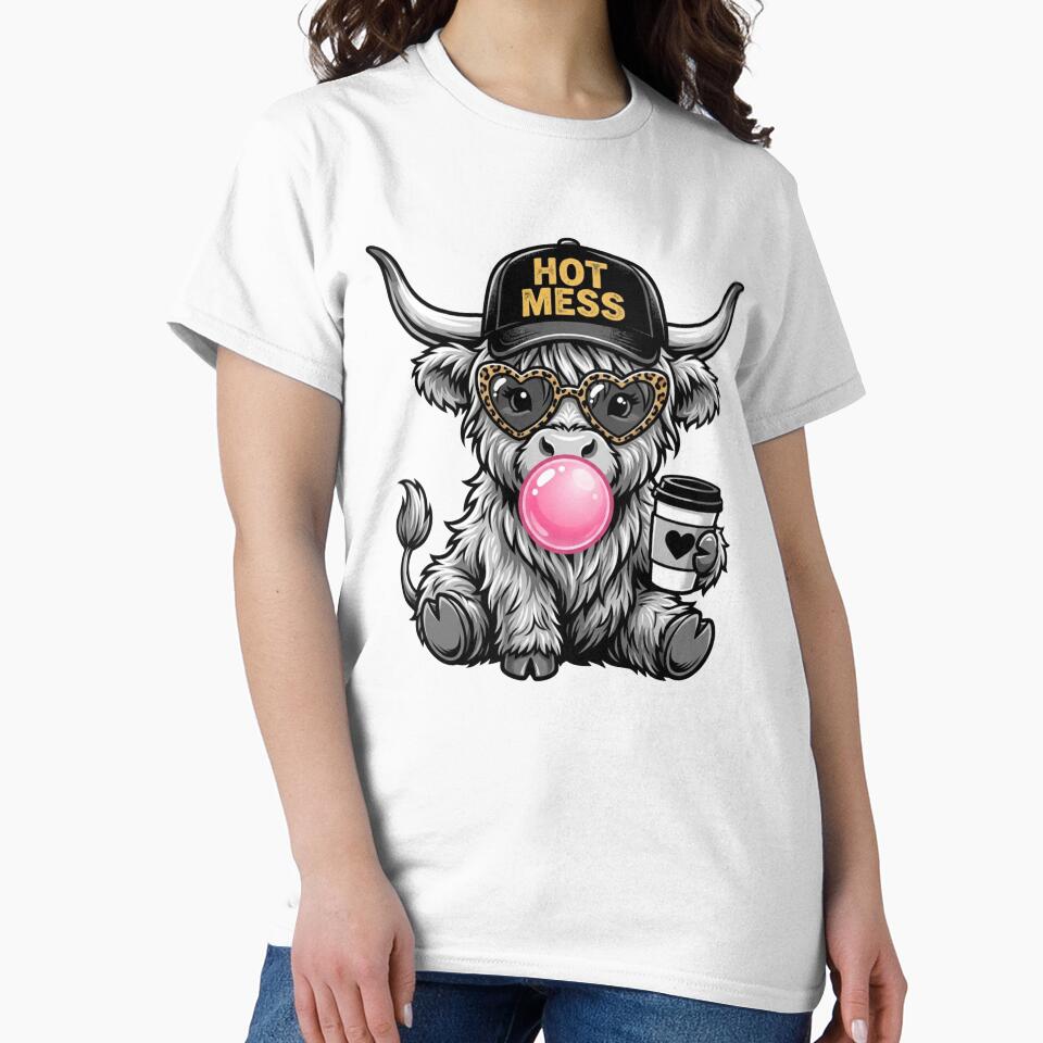 Cute Hot Mess Highland Cow Bubblegum Coffee Leopard Sunglasses Retro Funny Animal Design by raedattia