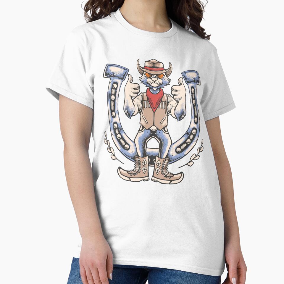 Funny Cowboy Cat Lucky Horseshoe T-Shirt | Western Kitty Vintage Ranch Graphic Tee by phsycartwork