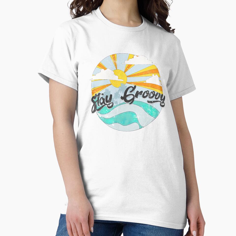 Stay Groovy retro slogan with waves, clouds, palm trees. Stay, Groovy by graphic-genie