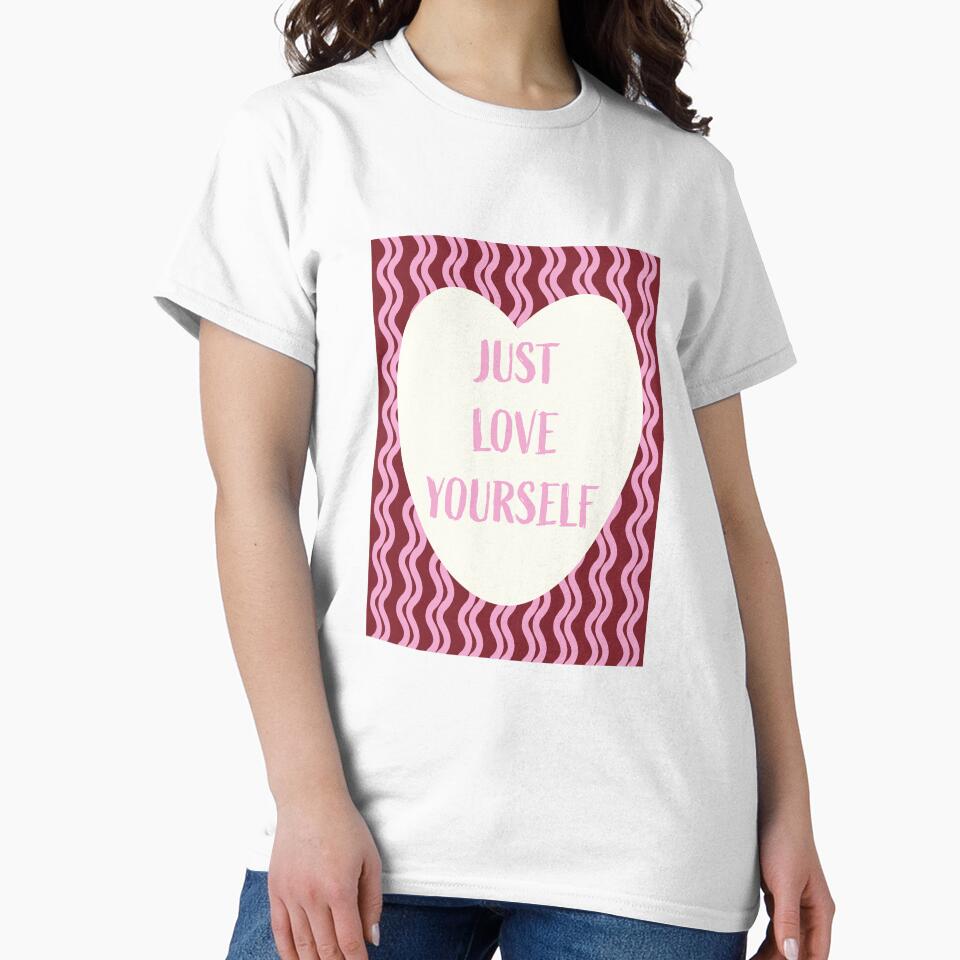 Just Love Yourself - Retro Groovy Typography Heart Illustration (Deep Maroon) by DesigndN