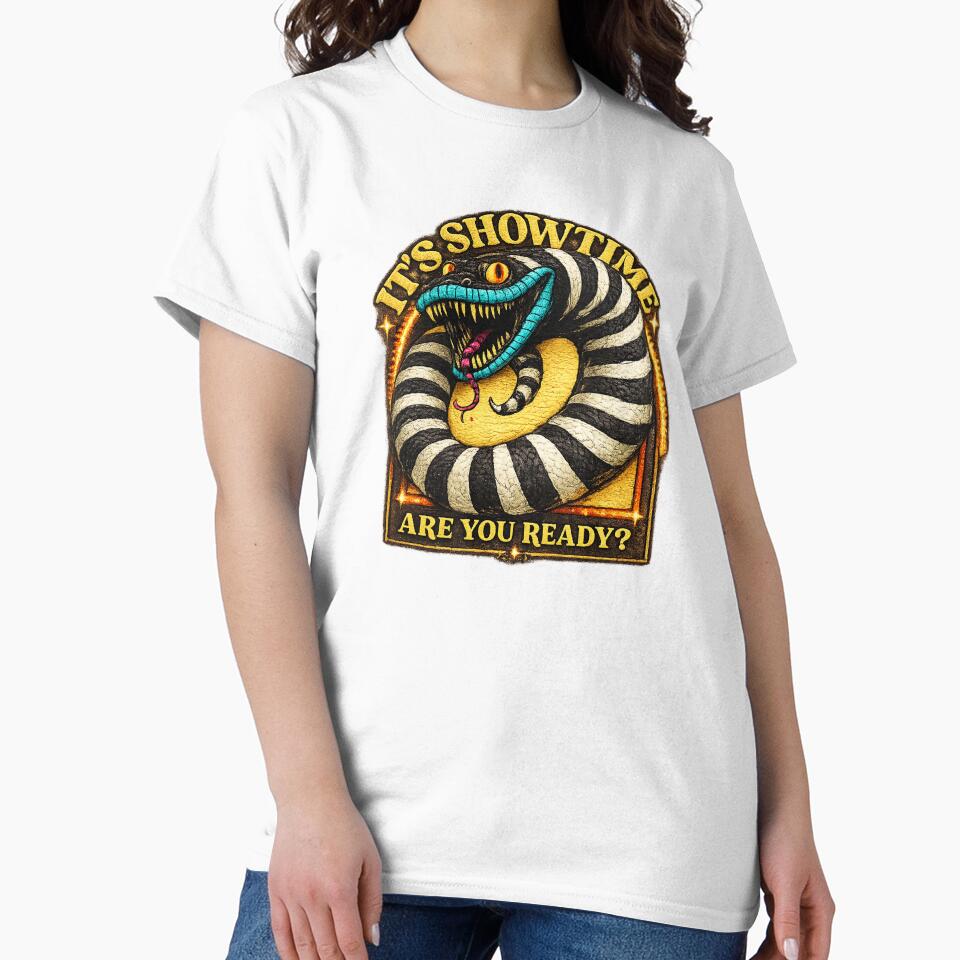 It's Showtime Snake Design, Creepy Striped Serpent, Gothic Halloween Monster, Vintage Horror Graphic Tee by Bigohobi