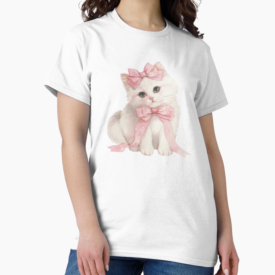 White Cute Cat with Pink Bows Girly Aesthetic by We Are Stardust