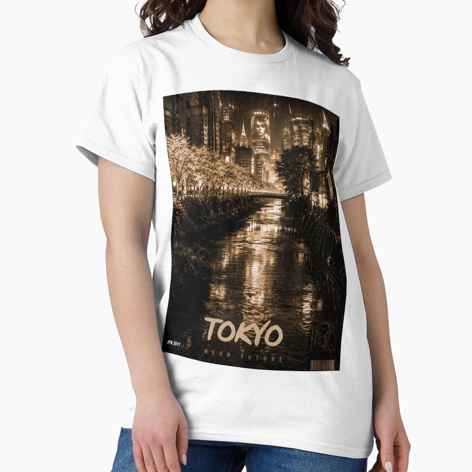 Tokyo Neon Future – Sepia Cyberpunk Cherry Blossom Canal | Vintage Japan T-Shirt & Poster by niko-ko