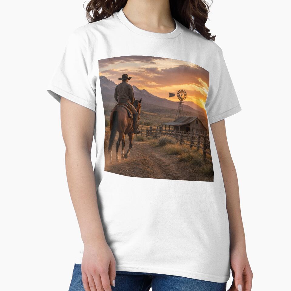 Cowboy Riding Into Sunset – Western Ranch Country Artwork by  QuarterHorseArt by Just my Studio