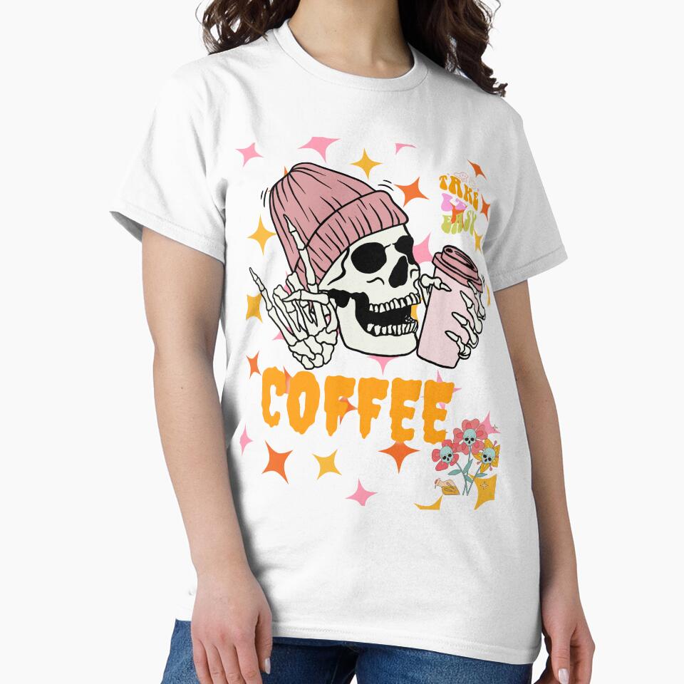 Coffee Drinking Hiphop Skeleton Take it easy Halloween T-Shirt by GroovyFusion