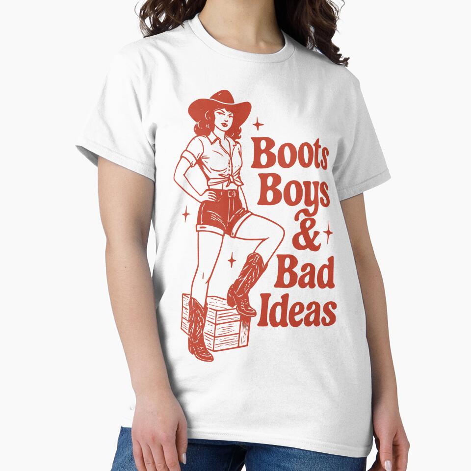 Vintage Cowgirl Illustration – “Boots Boys & Bad Ideas” Retro Western Design by TheArtisticPres