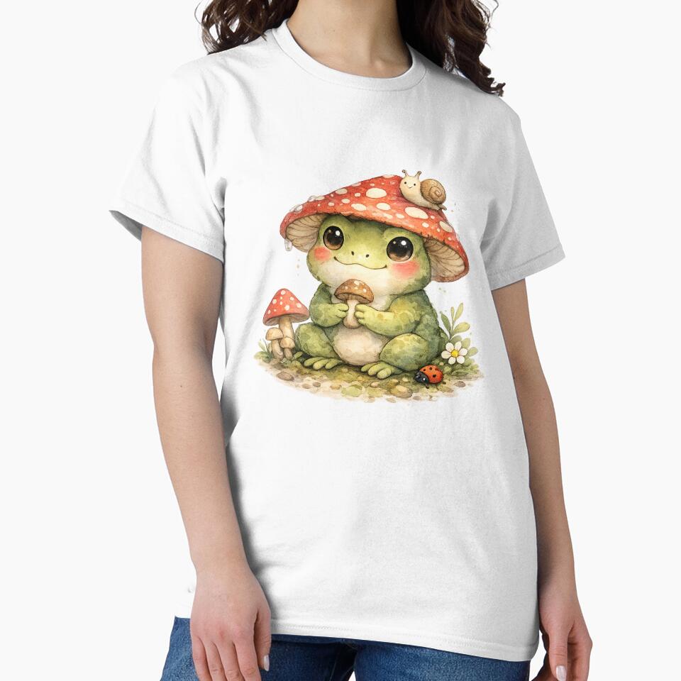 Cute Frog with Mushroom Hat – Cottagecore Watercolor Frog Illustration by StickyDelights