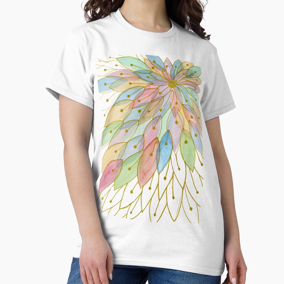 Pastel Botanical Bloom: Gold Line Watercolour Art by ArithraStudio