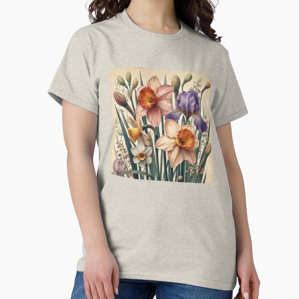 Vintage Narcissus and Iris Botanical Illustration by Rutvain