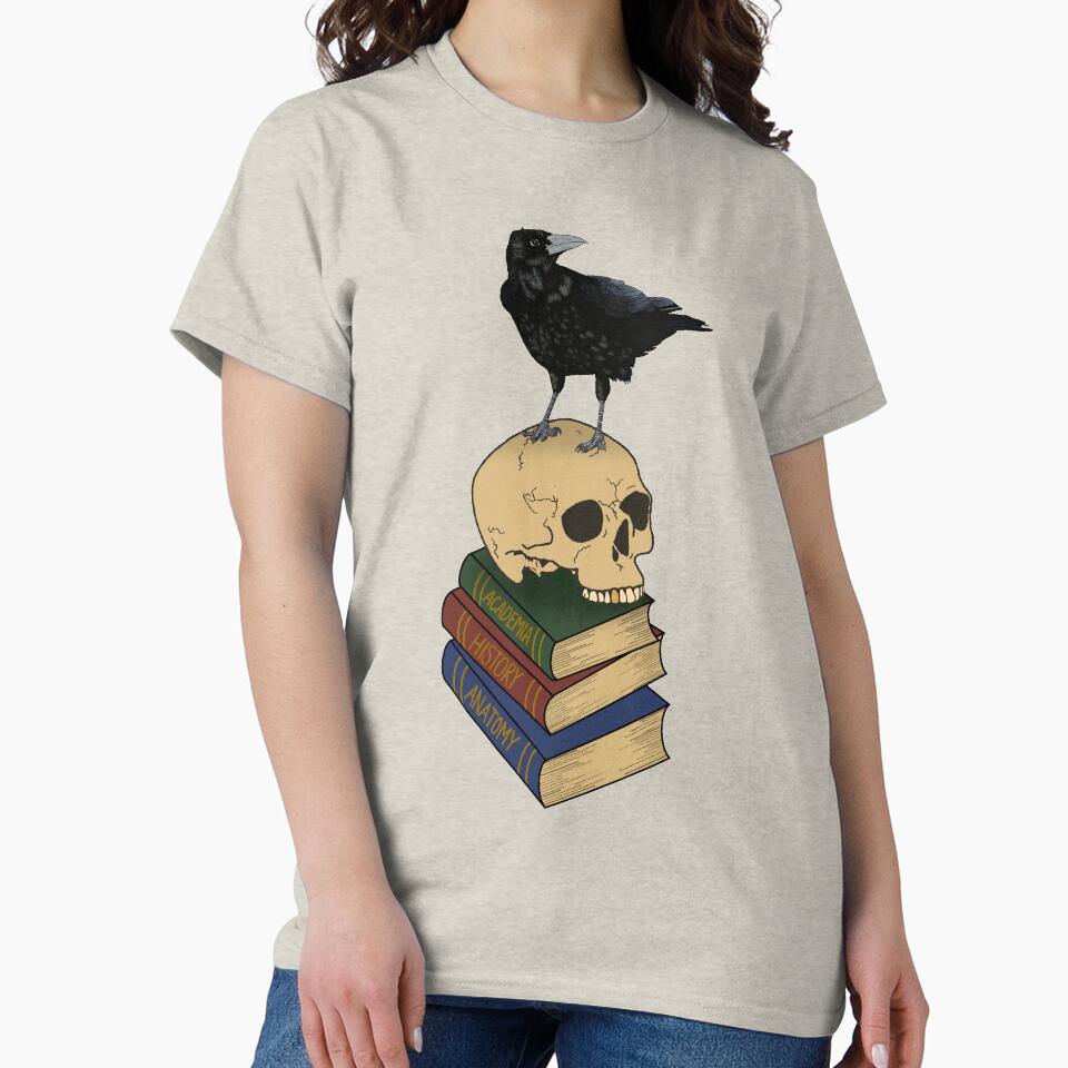 Dark Academia Crow on Skull on Stack of Books by easears