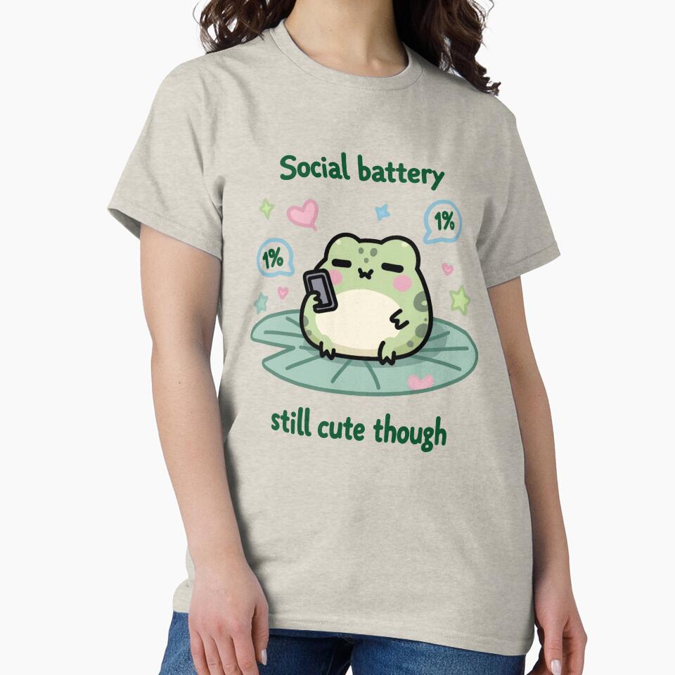 Social Battery 1% Frog Meme - Still Cute Though Kawaii Phone Low Battery Cute Frog Sticker T-Shirt by TeeTimeMeTime