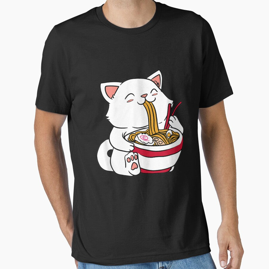 Kawaii Cat Eating Ramen Noodles Japanese Food Anime T-Shirt by Larcossee ⭐⭐⭐⭐⭐