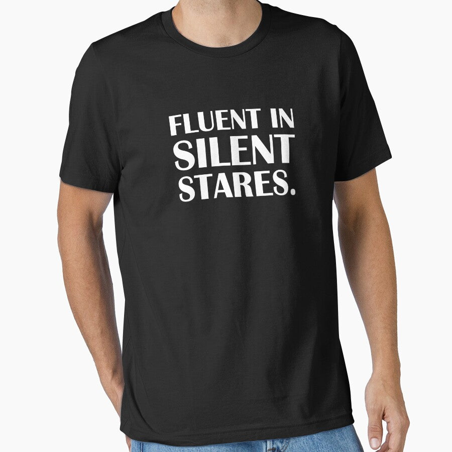 Fluent in Silent Stares. / Introvert Joke Funny T-Shirt Label by introvertvibes