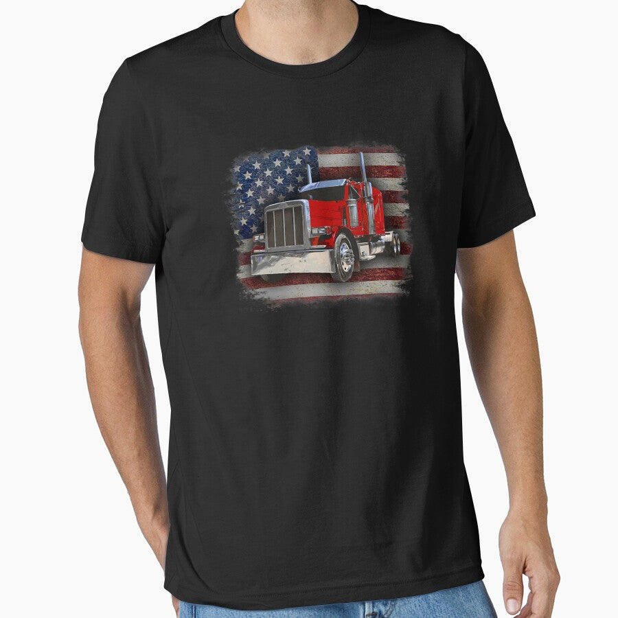 Trucker With American Flag And Big Rig by GardNewerd
