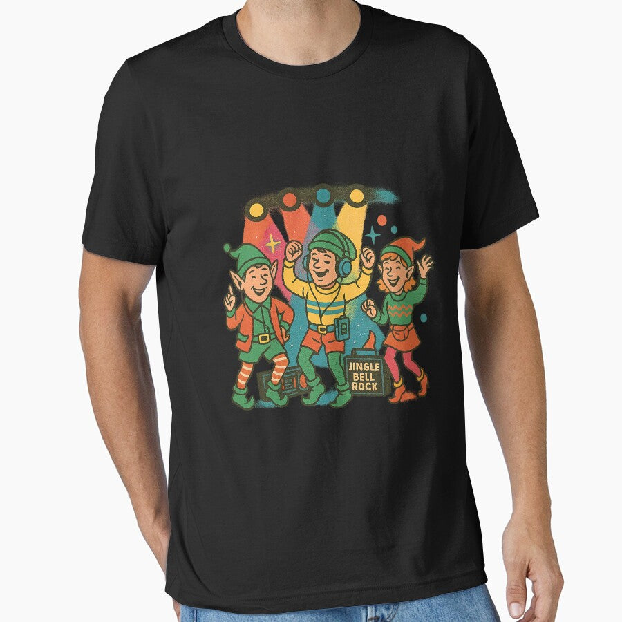 Dancing Christmas Elves – Retro Jingle Bell Rock Party Scene with Headphones, Boombox & Festive Lights by AddictiveDesign