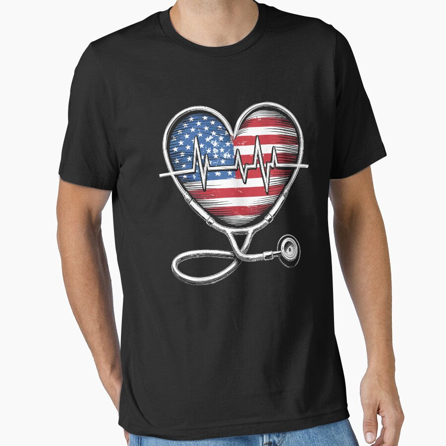 US Flag Stethoscope Patriotic Nurse Heart Medical Workers by BongsEmporium