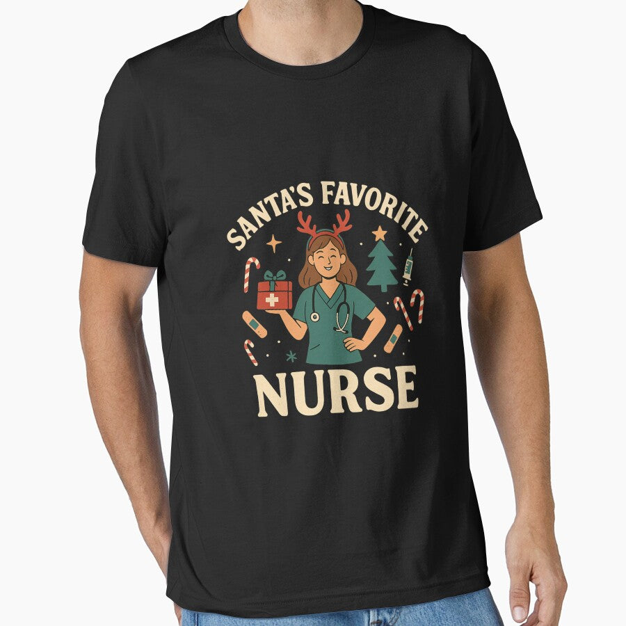 Santa’s Favorite Nurse – Funny Christmas Nurse Shirt, Cute Holiday Gift for Healthcare Workers by AddictiveDesign