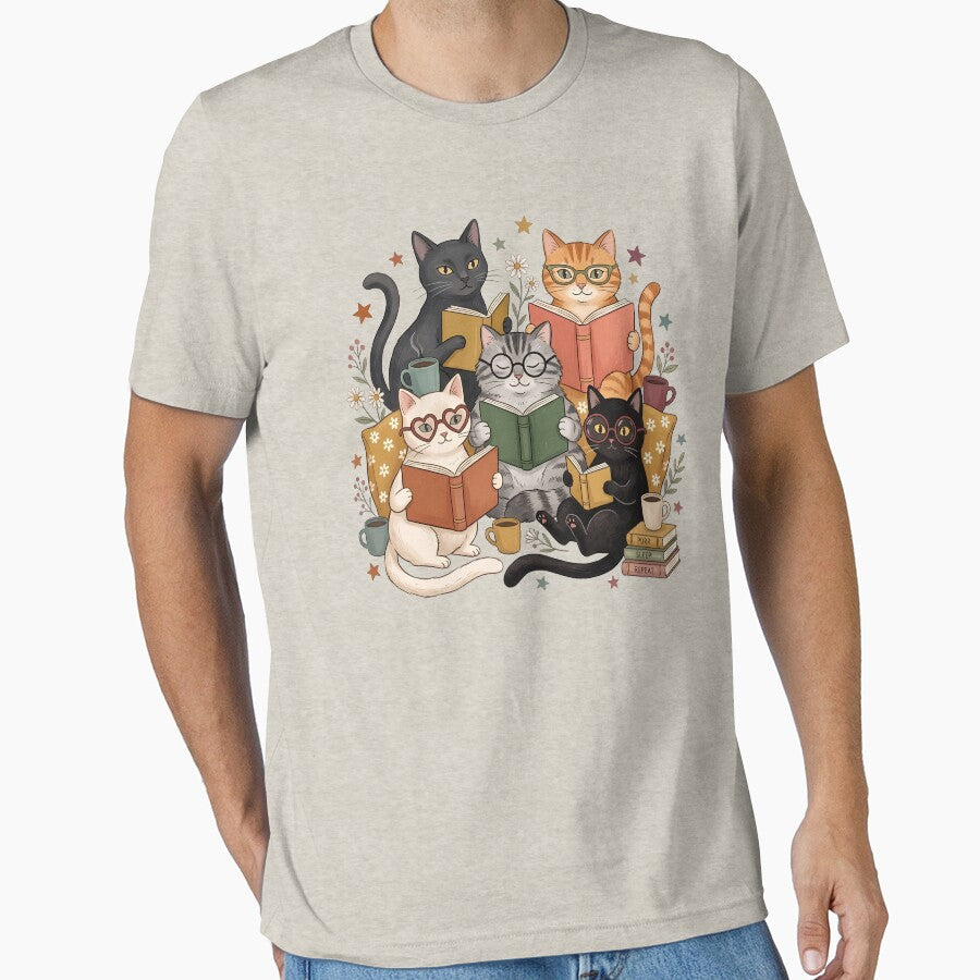 Cute Book Lover Cats T-Shirt – Cozy Reading Cats with Books & Coffee by Abdelthreads